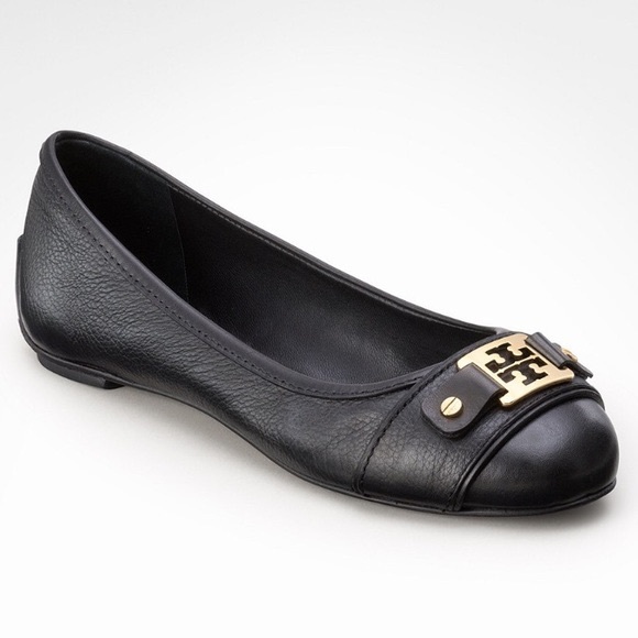 TORY BURCH Black Leather Clines Peep-Toe Ballerina Flats - Picture 1 of 11